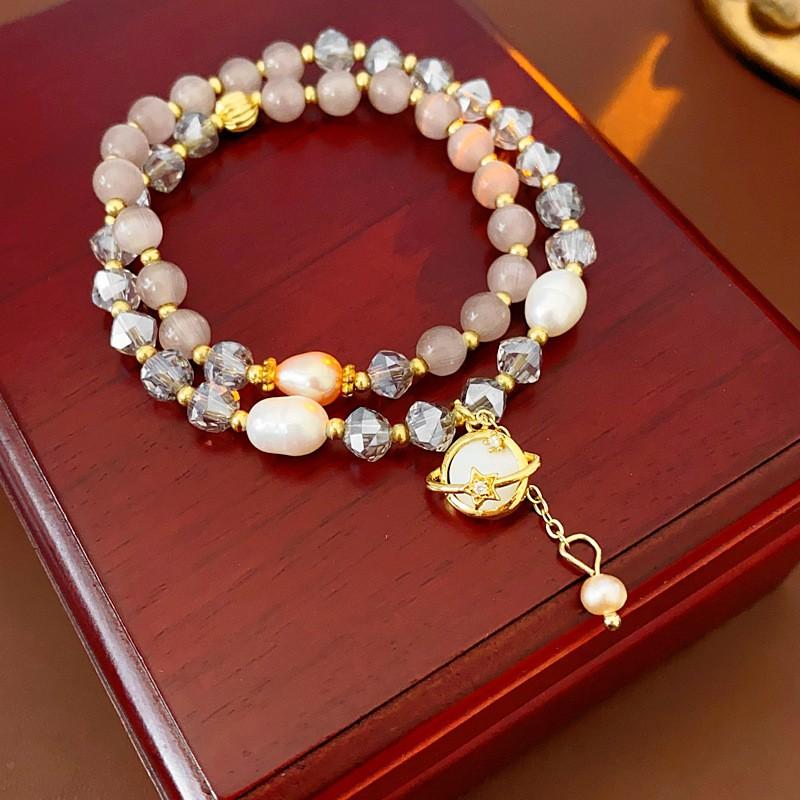Layered Cats Eye Stone Pearl Bracelet Women Irregular Geometric Design Gold Pink Tone Lightweight Luxury Fashion Accessory