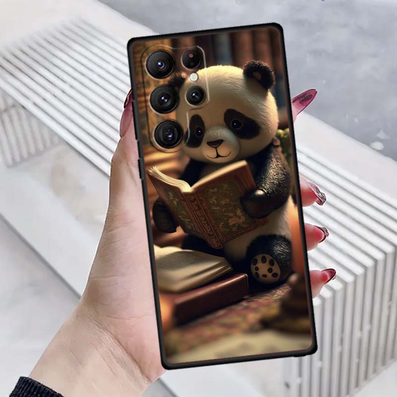 Cartoon Anime Panda Cute Phone Case For Samsung Galaxy S26 S25 S24 S23 S22 S21 S20 Ultra Plus FE 5G Black Soft TPU