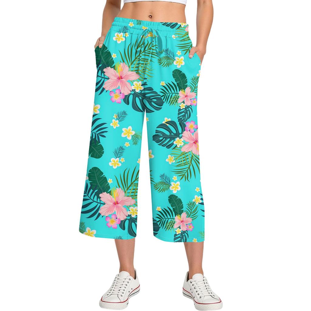 Damen Sommer Hohe Taille Bedruckte Freizeit-Sportbekleidung Lässige Cropped-Hose Weite Hose