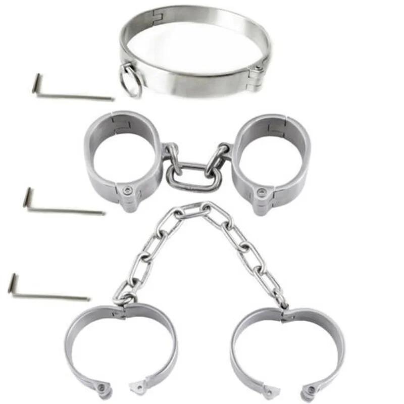 Stainless Steel Handcuff Slave Restraints Set Bondage Collar Ankle Cuffs  Bondage Restraint Sex Toys for Women Man Couples