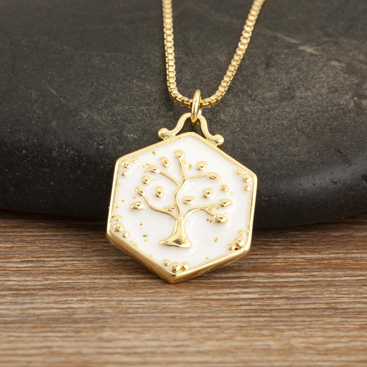 

Nidin New Trendy Hexagon Tree of Life Pattern Charm Pendant Necklace For Women Copper Irregular Geometric Jewelry Accessories білий