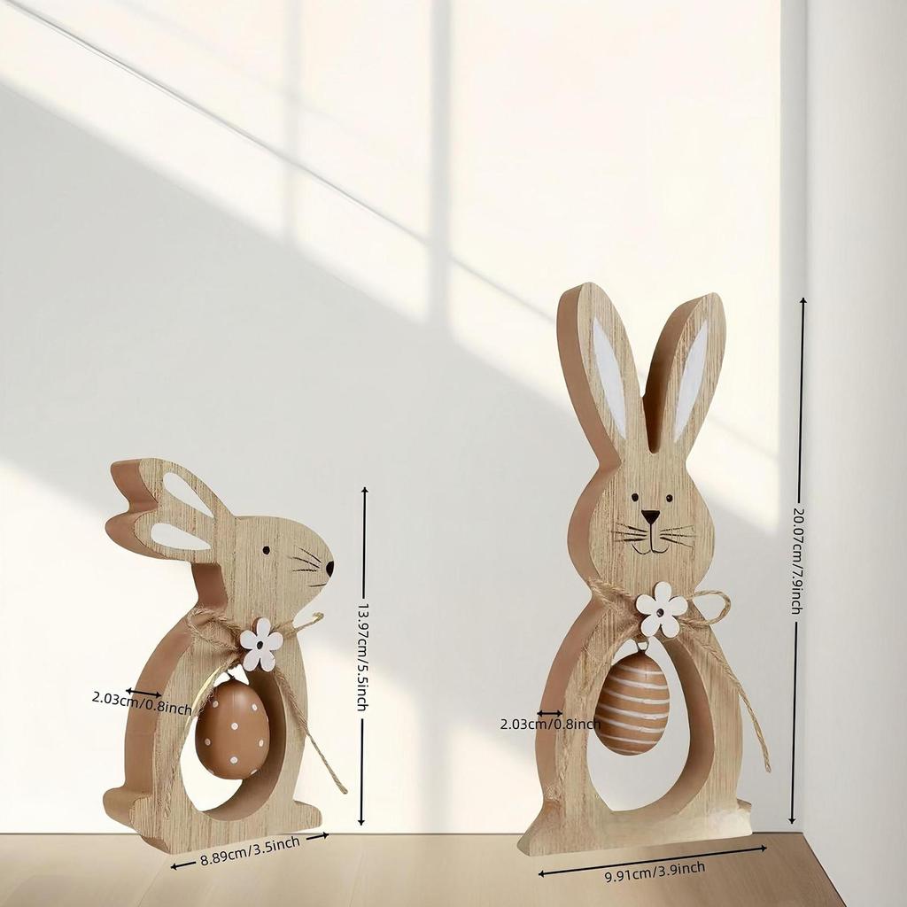 Wooden Easter Bunny Decor 2 Pieces Holiday Decoration Spring Table Centerpiece for Home Office Apartment Living Room Bedroom