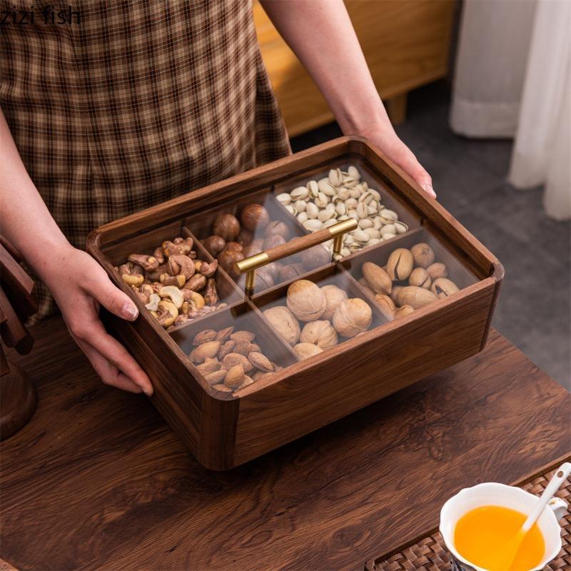 Solid Wood Dried Fruit Box with Lid Square Storage Box Multi Grid Snack Box Snack Platter Refreshments Plate Storage Bin
