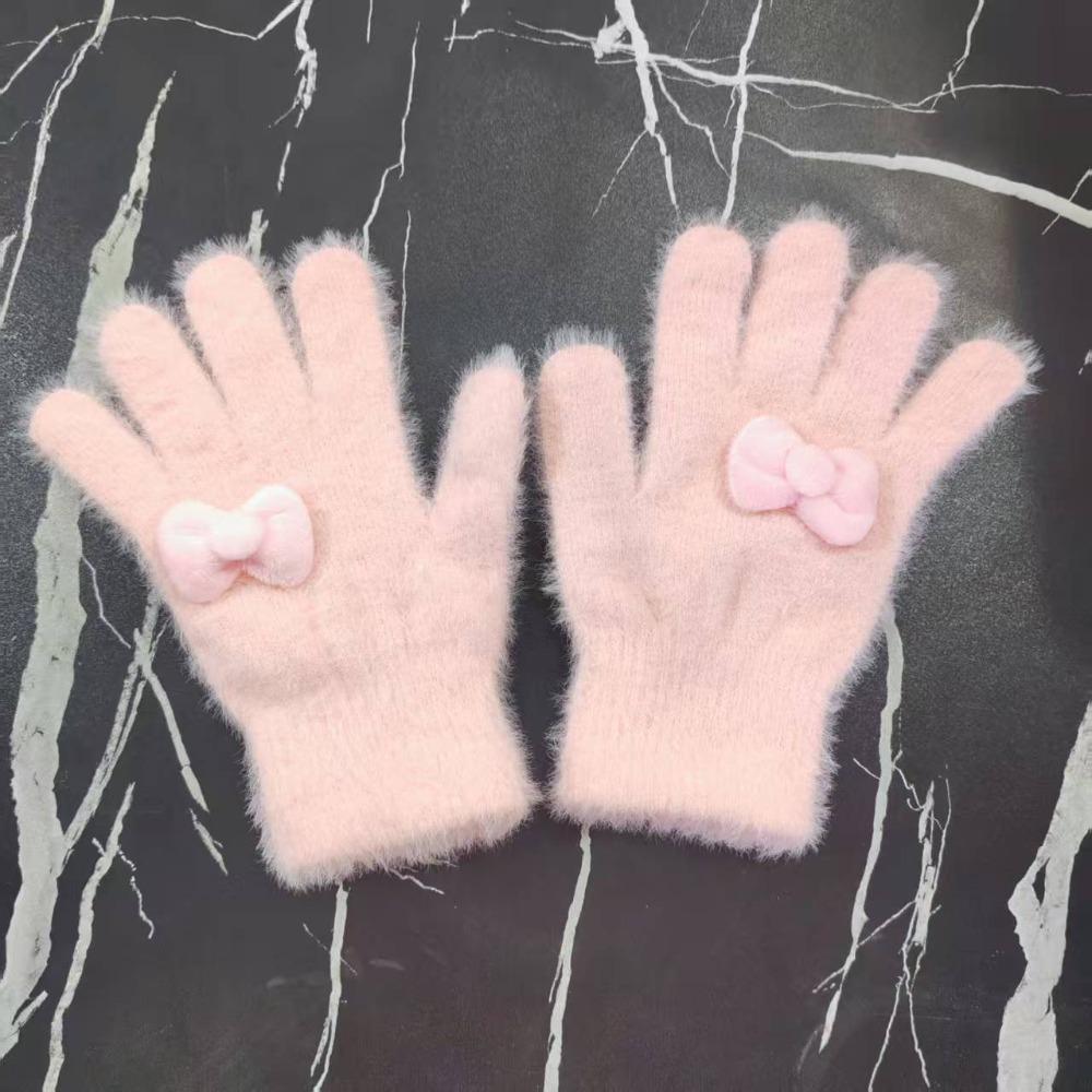 

Cute Bow Furry Gloves Cold-proof Thickened Full Fingered Gloves Solid Color Windproof Five Finger Gloves Men Women розовый