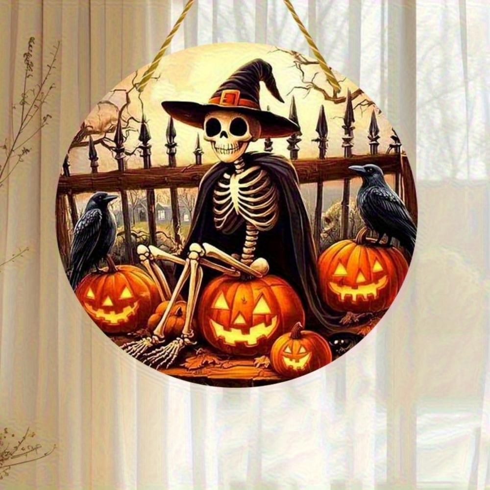 2D flat acrylic Halloween decoration - witch hat skull and pumpkin crow design, scary window decoration for home, bar, office