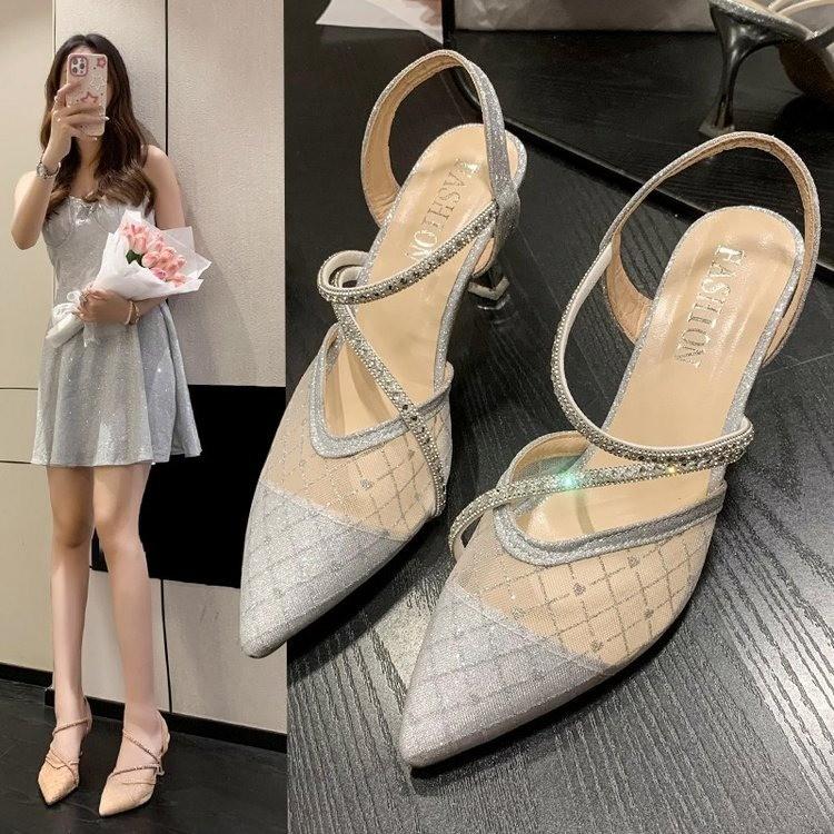 Bling Crystal High Heels Sandals for Women Summer Pointed Toe Rhinestones Thin Heel Pumps Woman Sexy Transparet Mesh Party Shoes