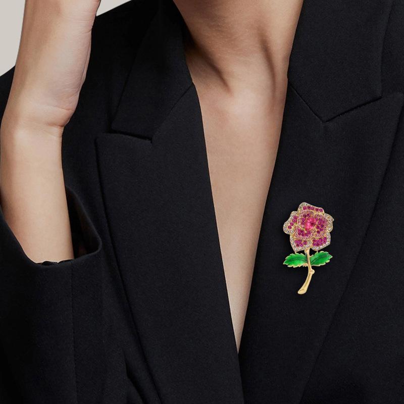 Korean Retro Pink Diamond Rose Brooch: Elegant Pin for Women's Suit Jackets