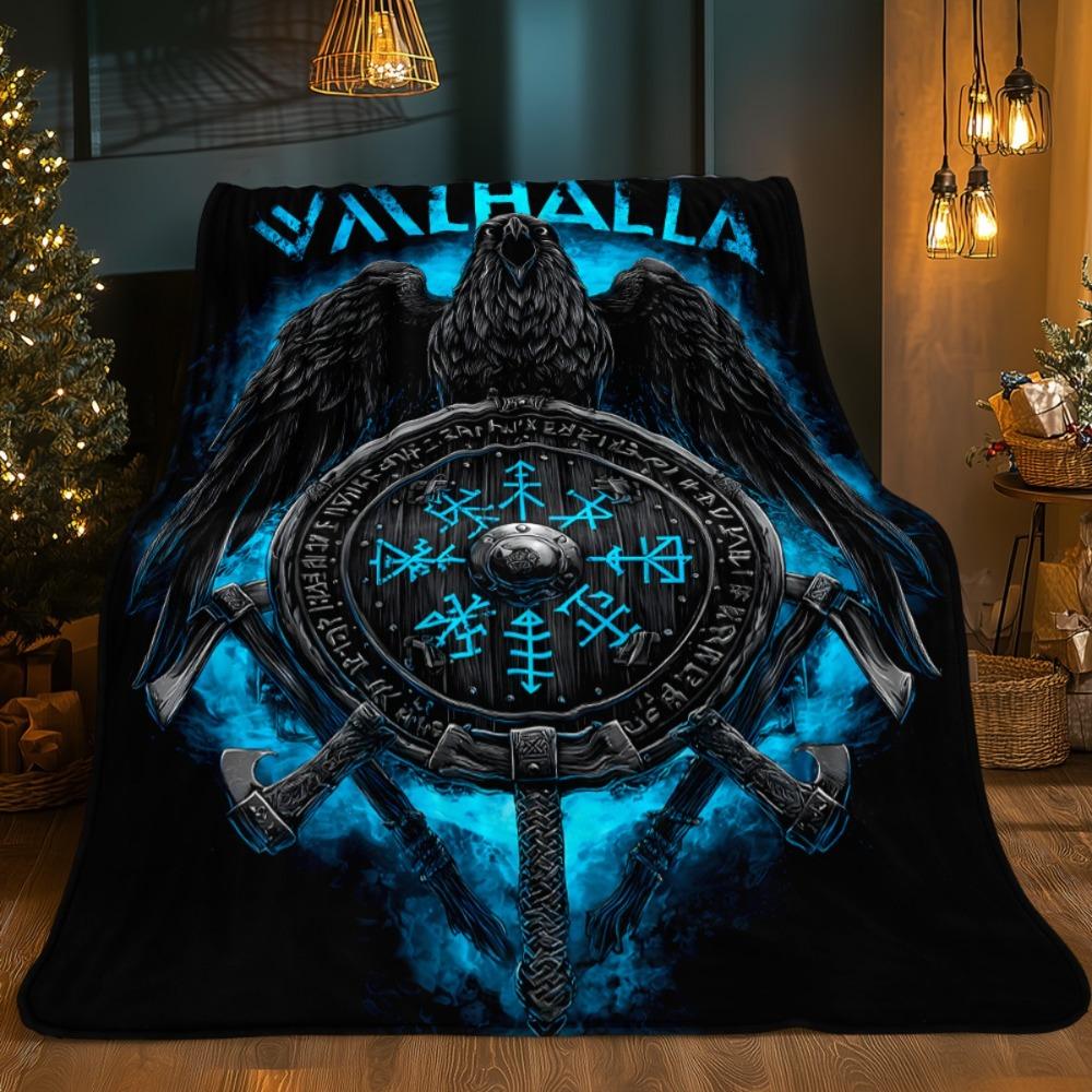 Viking Raven Valhalla Print Throw Blanket - Nordic Rune Mythical Motif Soft Lightweight Accent for Sofa Bed Travel Gift