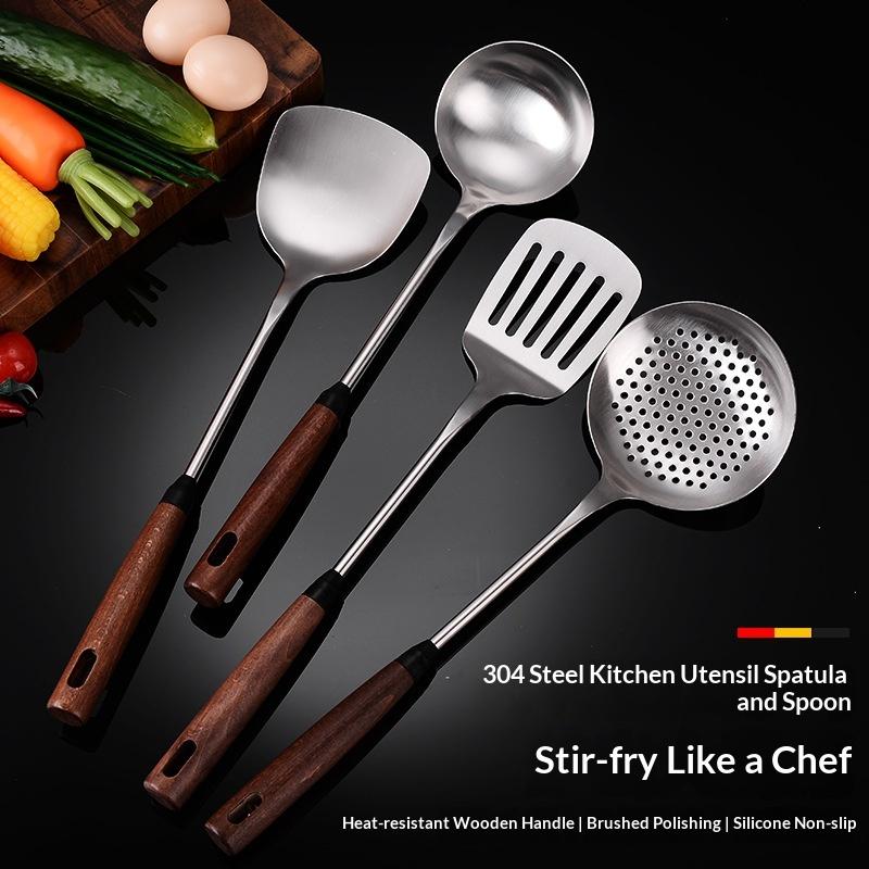 Stainless Steel Turner With Wooden Handle Heat-Resistant Long Handle Soup Ladle Spatula Kitchen Cooking Utensils