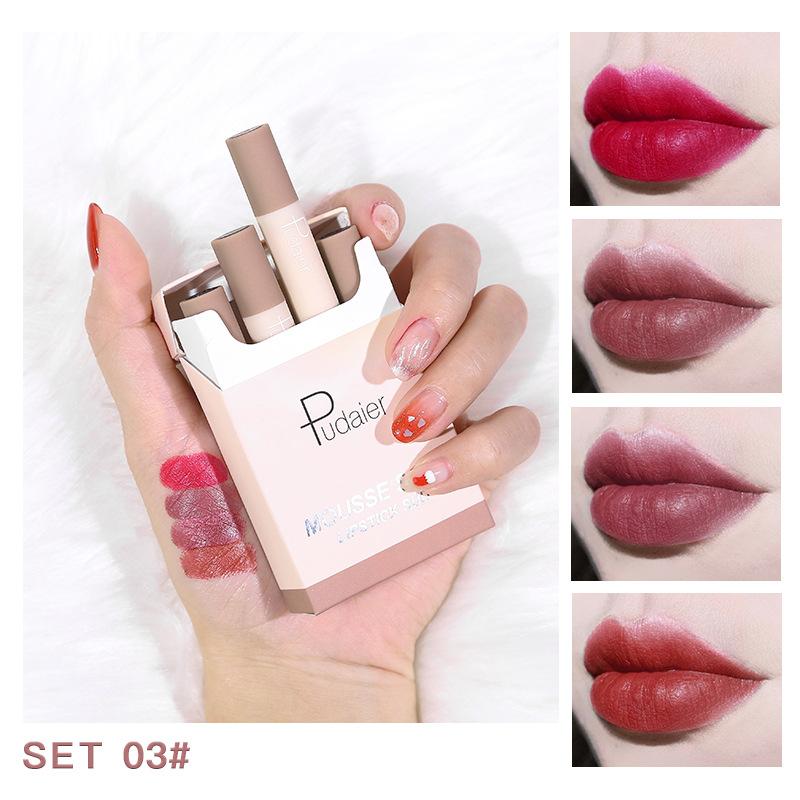 4pcs Silk Soft Small Cigarette Tube Lipstick Set Matte Soft Mist Portable Moisturizing And Non Drying