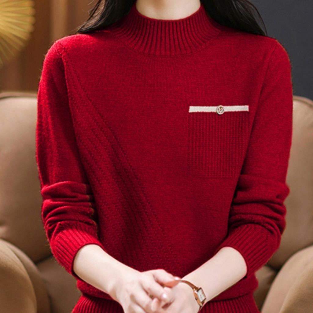Sweater Women's Solid Color Semi High Neck Knitted Sweater Spring and Autumn Long Sleeved Casual Pullover