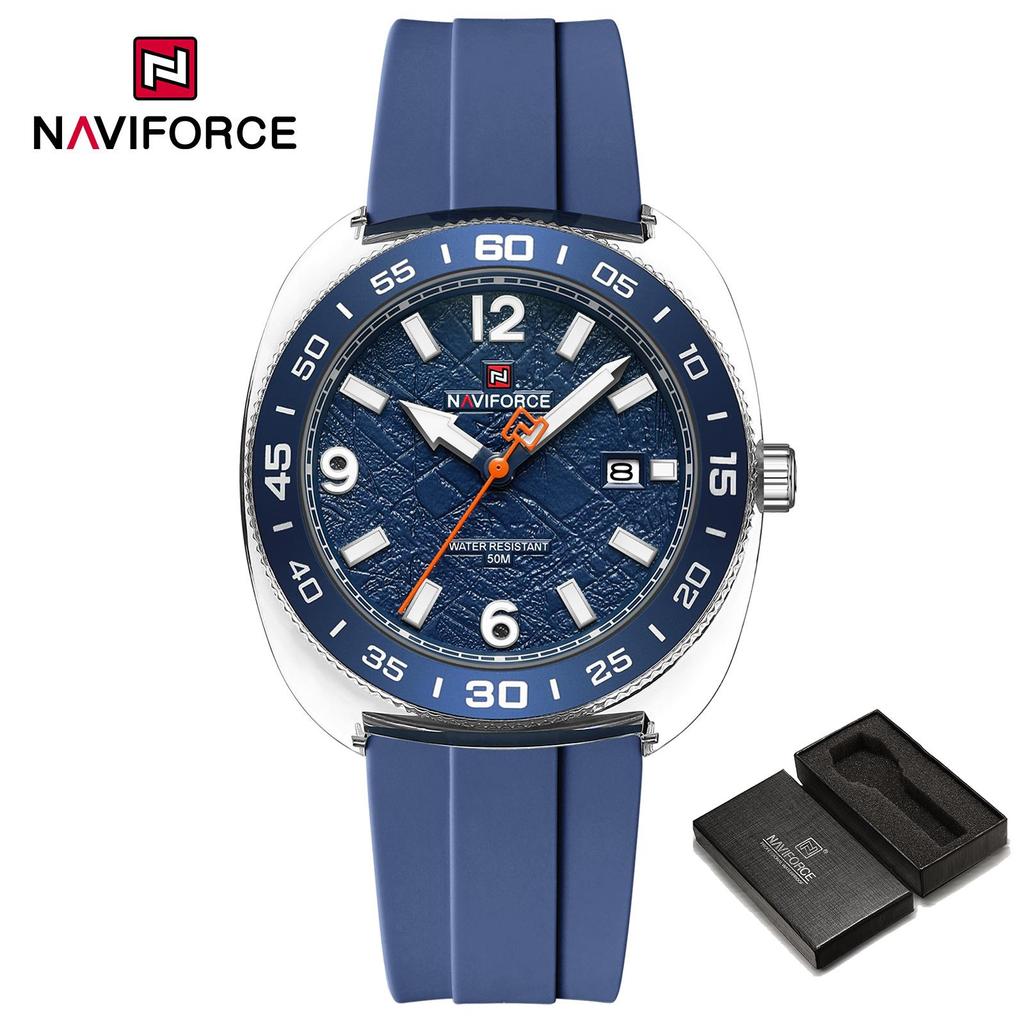 NAVIFORCE Original Men Calendar Watch Quartz Movement Round Case Luminous Pointer 50m Waterproof Silicone Strap Men Casual Watch NF7132