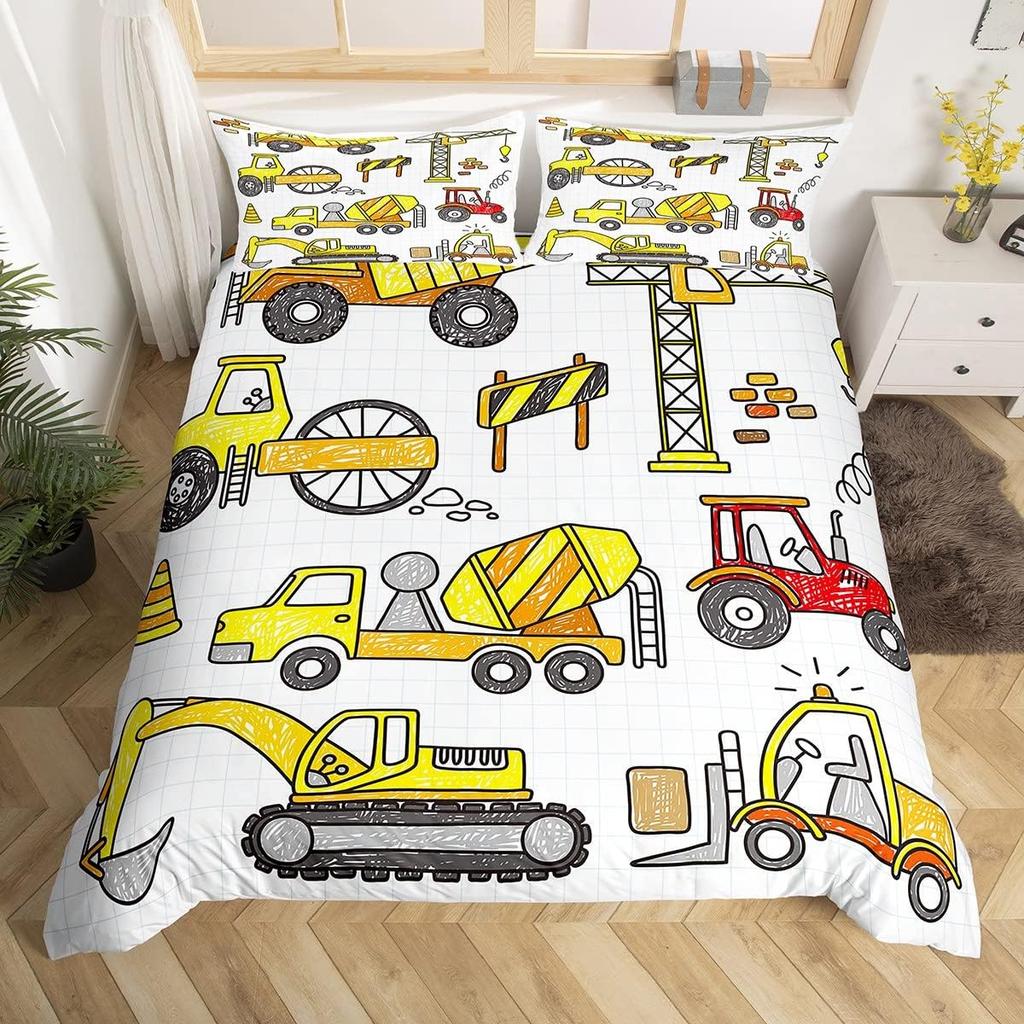 Colorful Cartoon Car Duvet Cover Set Twin King Train Truck Police Car Print Quilt Cover Cartoon Vehicle Bedding Set For Boy Teen