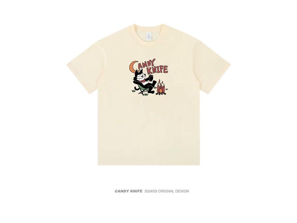 2024 Trendy Hong Kong Chic Cartoon Print Khaki Short-Sleeve Women's Loose T-Shirt