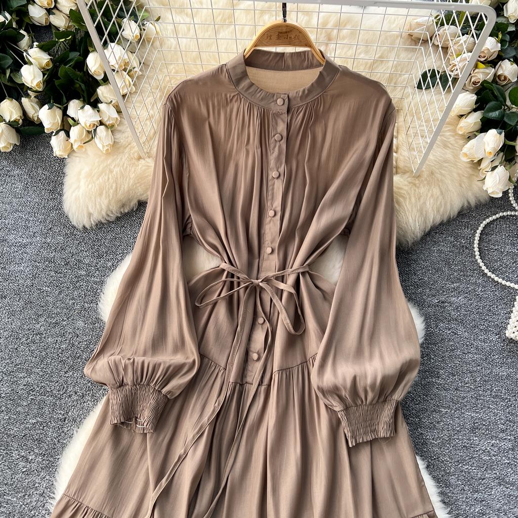 Frenchic Vintage Maxi Dress Women Stand Collar Lantern Sleeve Lace-up Female A-line Elegant Dresses Spring Autumn