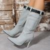 Denim belt buckle thin boots autumn and winter new thin heel pointed boots high heel medium tube fashion boots women