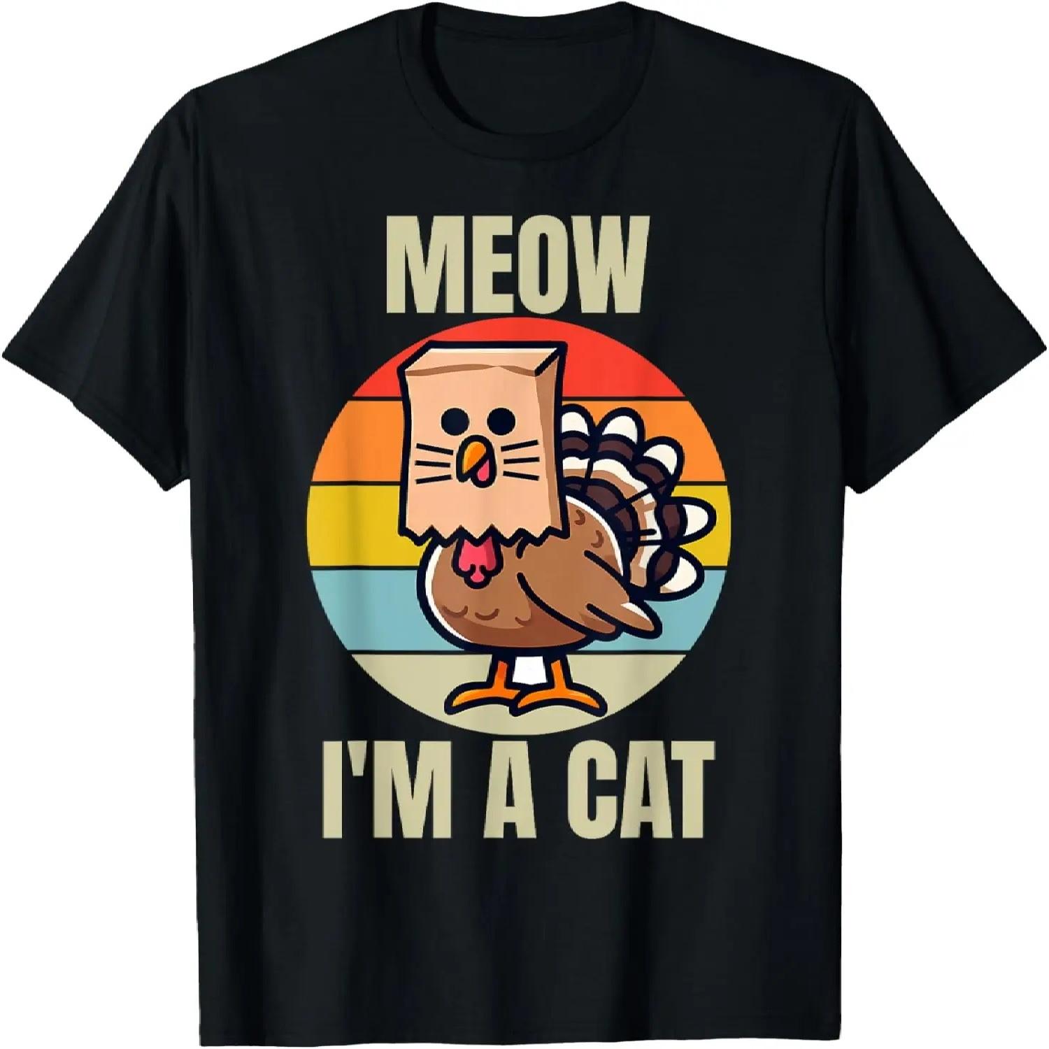 Meow I m a Cat Turkey Shirt Funny Thanksgiving Graphic Retro T-Shirt S