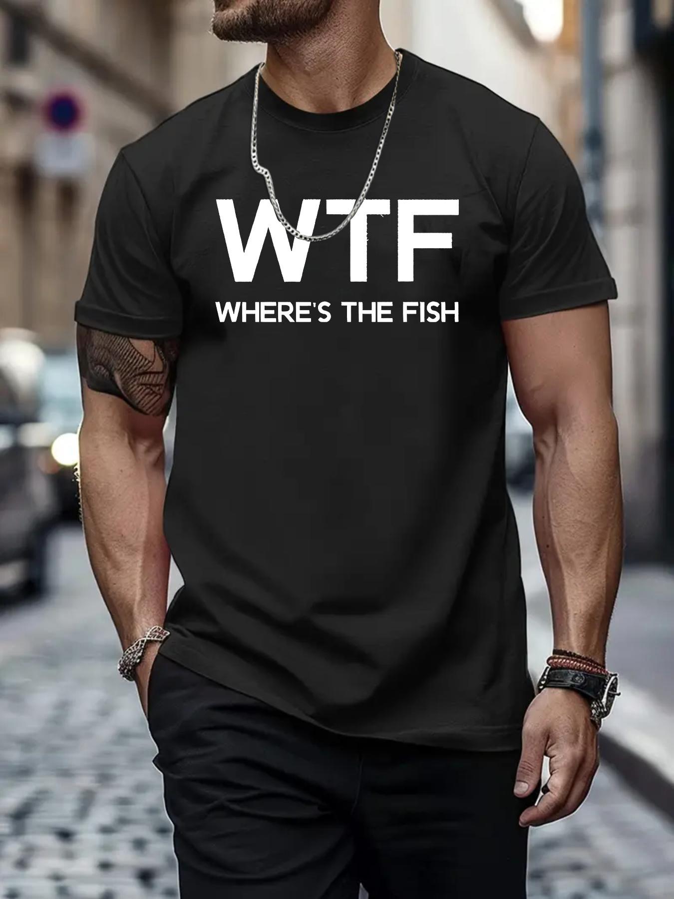 Casual Crew Neck T-shirt with Unique WTF Fish Print - Breathable Polyester L