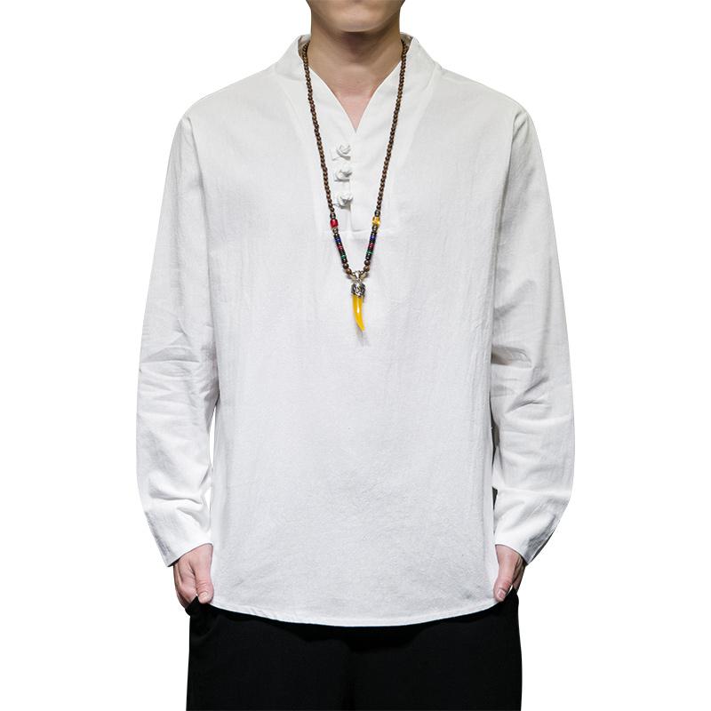 2025 Chinese Style Mens Shirts Fashion V-neck Long Sleeve T-shirt Men Harajuku Shirts Male Japanese Kimono Shirt
