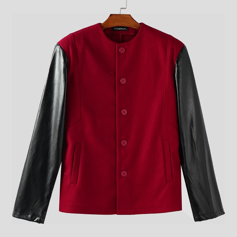 

INCERUN Winter Autumn Men Stand Neck Long Sleeve PU Patchwork Casual Buttons Jackets Coats 5XL вино красного