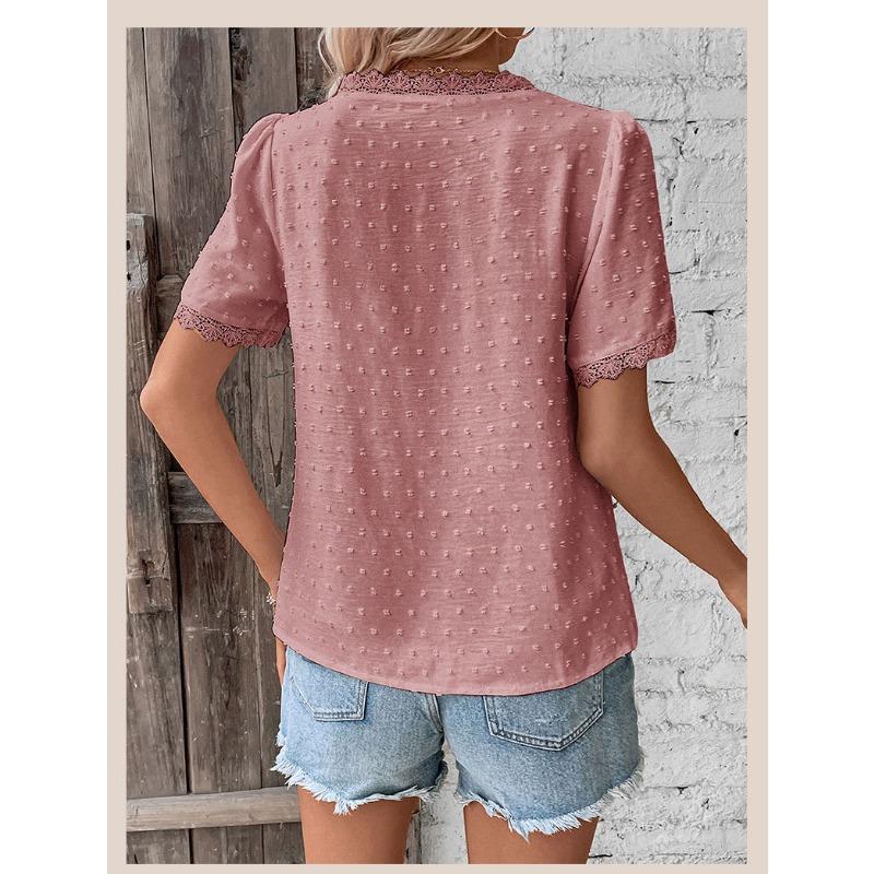 Women's Shirt Summer Casual Vacation Lace V-neck White Short Sleeve Loose Shirts for Women Elegant Tops Slim Fit Solid Color Women's Blouse New