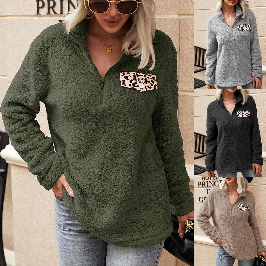 Women's Fashion Stand Collar Zipper Plush Jacket Leopard Print Stitching Loose Plush Sweater