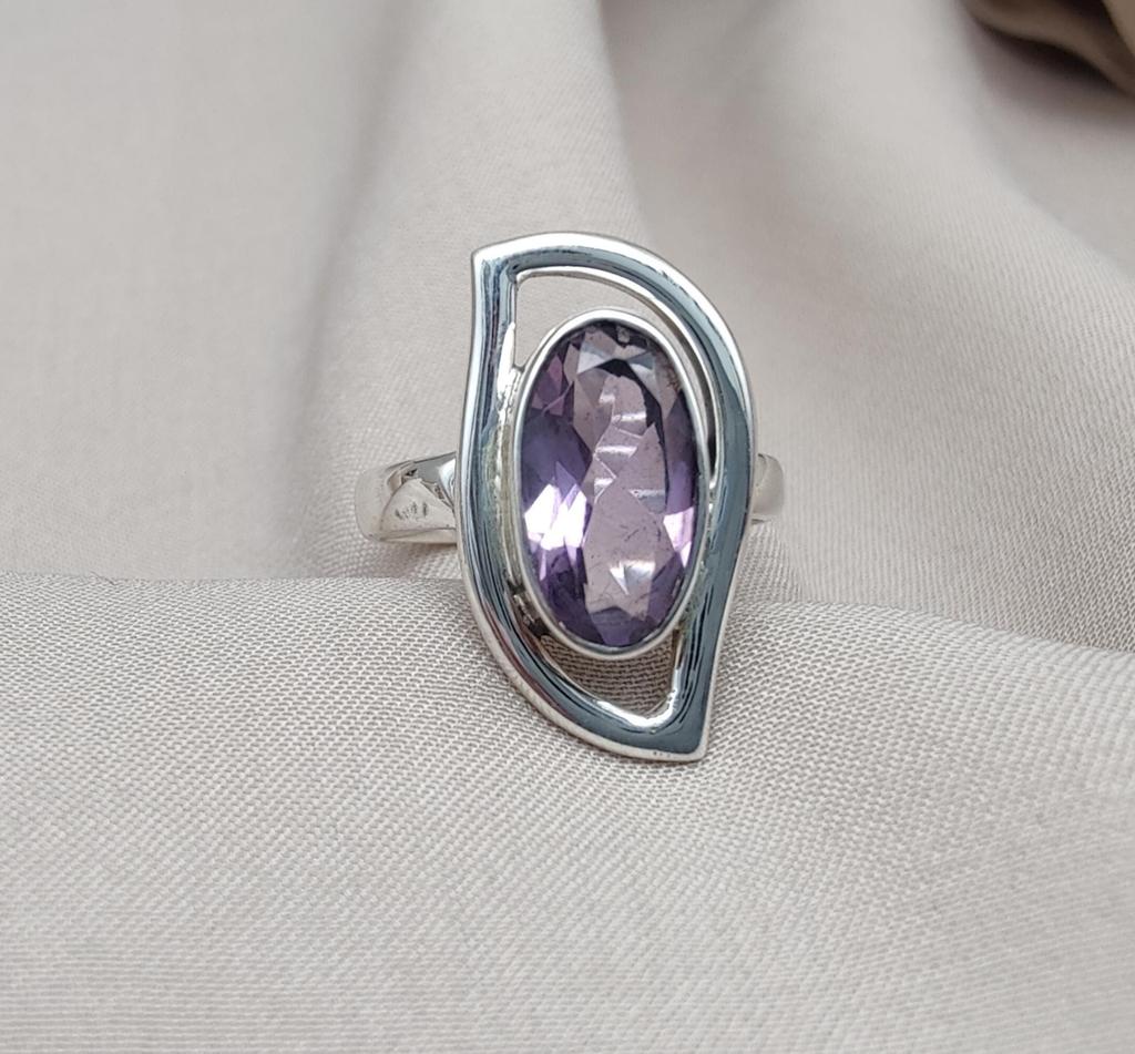Amethyst Sterling Silver Ring: Modern Abstract Design, February Birthstone