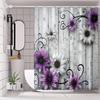 Purple Daisy Shower Curtain 3D Floral Design Wooden Background Water Droplets Bath Decor Waterproof Fabric Bathroom Curtain Set