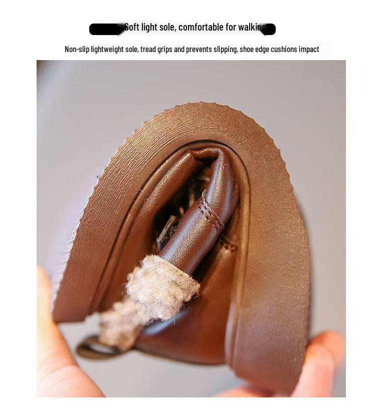 Girls' Cotton Fleece Princess Shoes - 2025 Autumn/Winter British Style, Warm & Thickened Soft Sole Leather Shoes