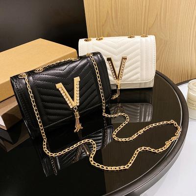 Borsa Quadrata Piccola a V alla Moda Incrostata di Diamanti, Borsa da Donna a Righe di Alta Gamma, Borsa a Spalla Singola con Catena, Borsa a Tracolla Versatile
