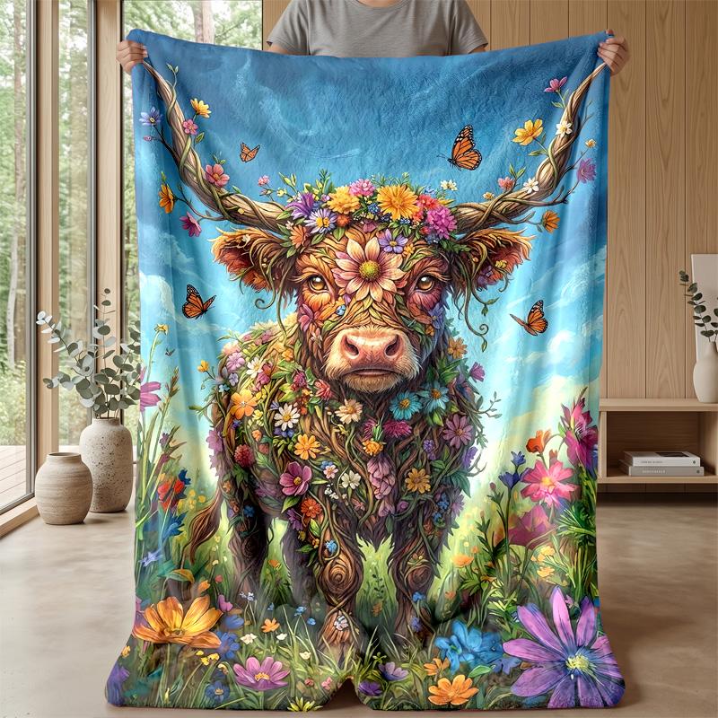 Festive Highland Cow Decoration Theme Blanket Lightweight Warm Flannel Blanket Decorative Throw Blanket for Home Decoration