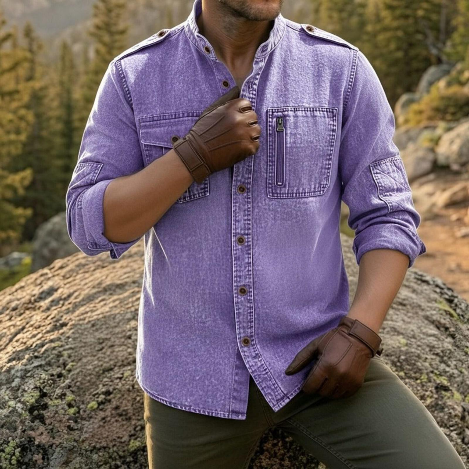 

Men’s Long Sleeve Button Down Casual Shirt With Stand Collar Multiple Pockets And Design For Everyday Wear L фиолетовый
