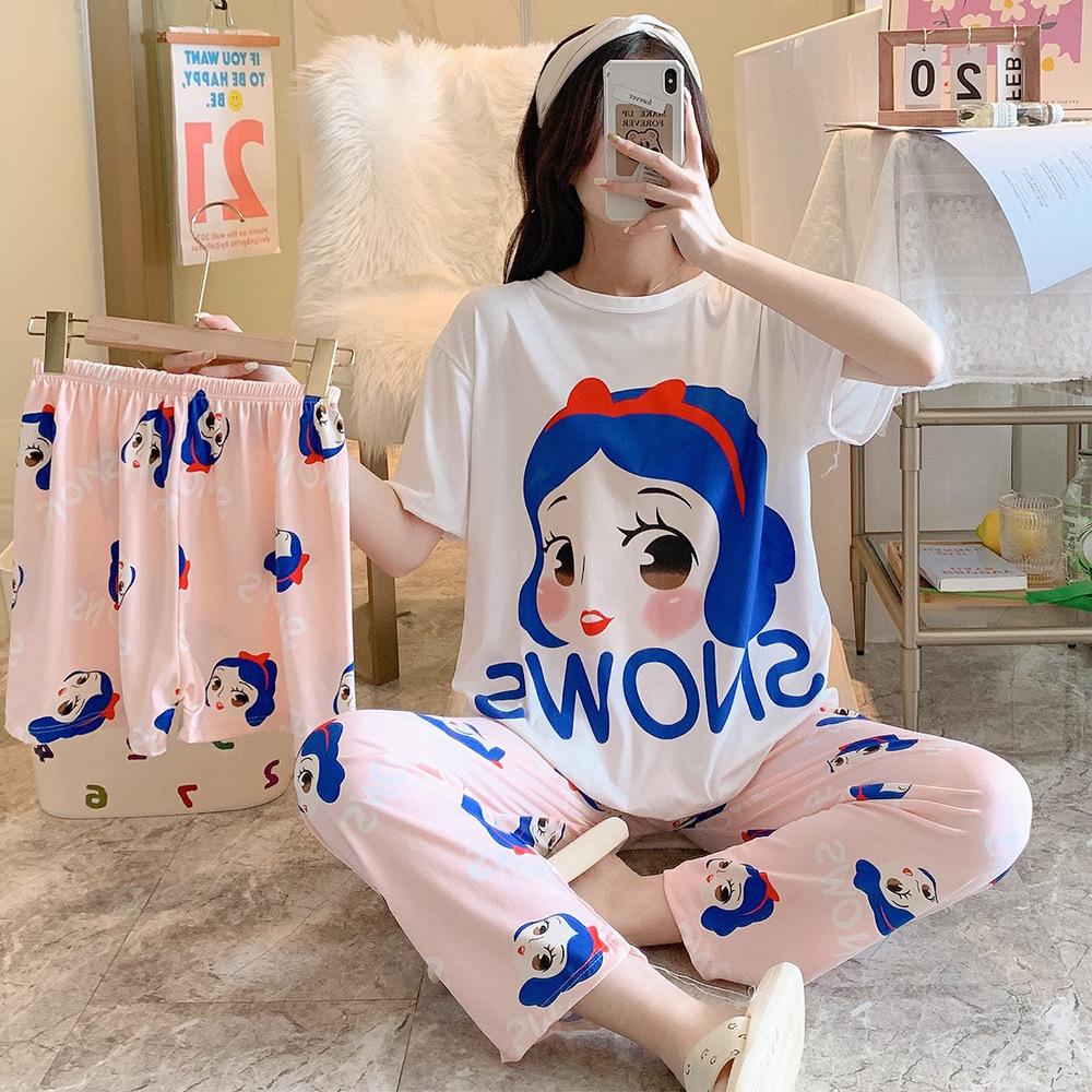 Short-Sleeved Pajamas Three-Piece Korean Version Of Sweet And Cute Cardigan Women'S Loungewear