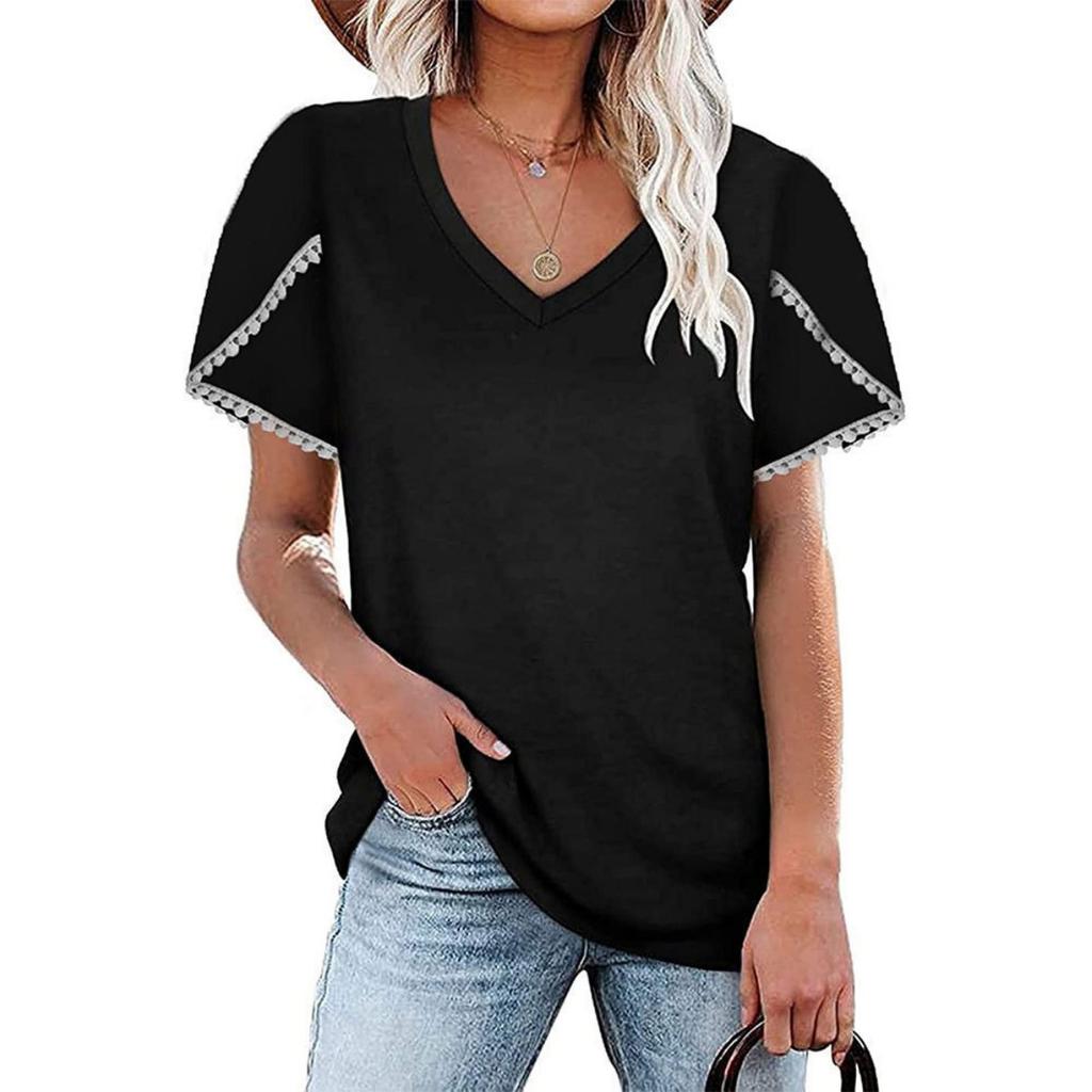 Summer New Women's Solid V-neck Lace Short Sleeve Loose T-shirt Top, Casual Fashion for Women
