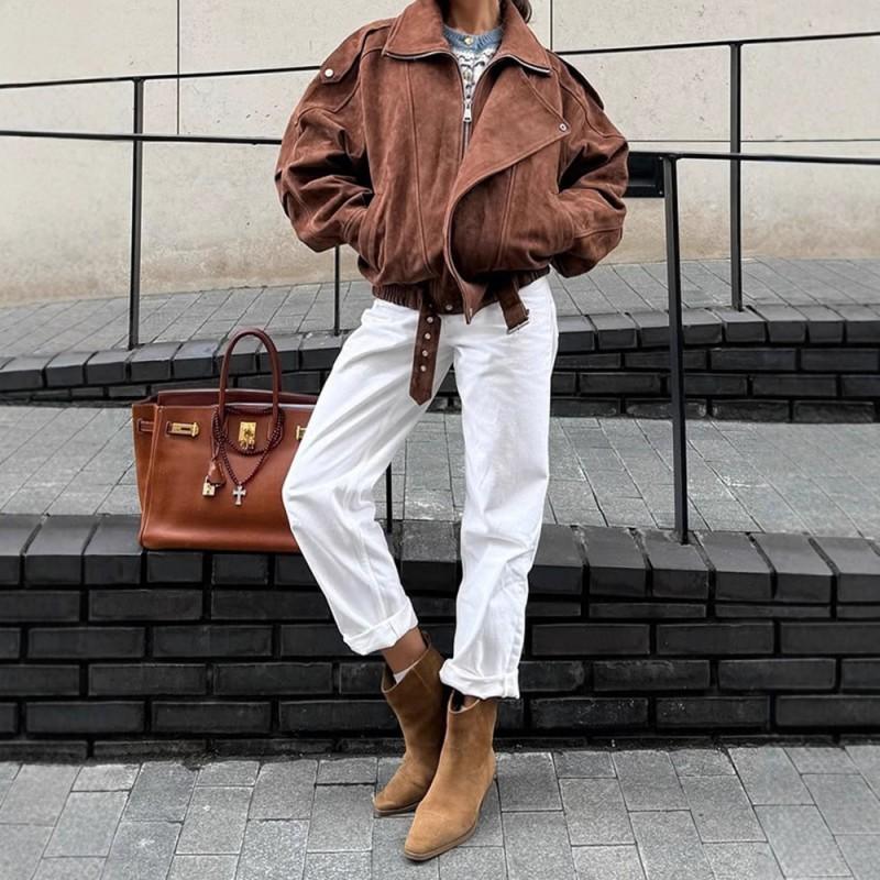 Womens Brown Short Loose Jacket Vintage Aesthetic Casual Fashion Outerwear