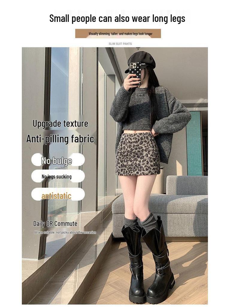 Plus Size Leopard Print Fur Mini Skirt - Women's Autumn/Winter High Waist Slimming A-line Hip-Hugging Skirt