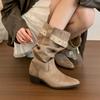 "American Lazy" Vintage Pleated Pile Boots Women's Autumn and Winter Pointed Western Cowboy Boots Coarse Heel Medium Knight Boots