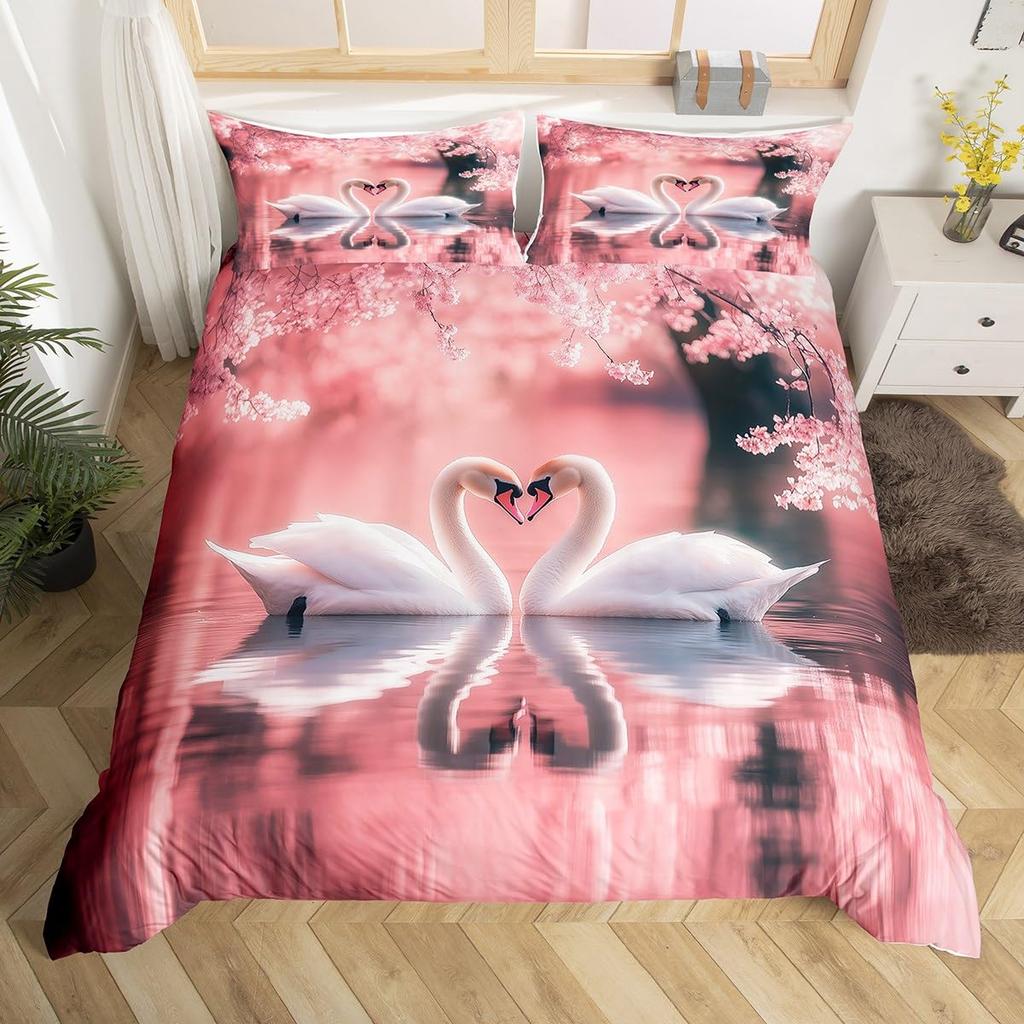 Comforter Romantic Swan Microfiber Flower Bedding Set Wild Animals Twin King For Girls Teen Adults Bedroom Decor