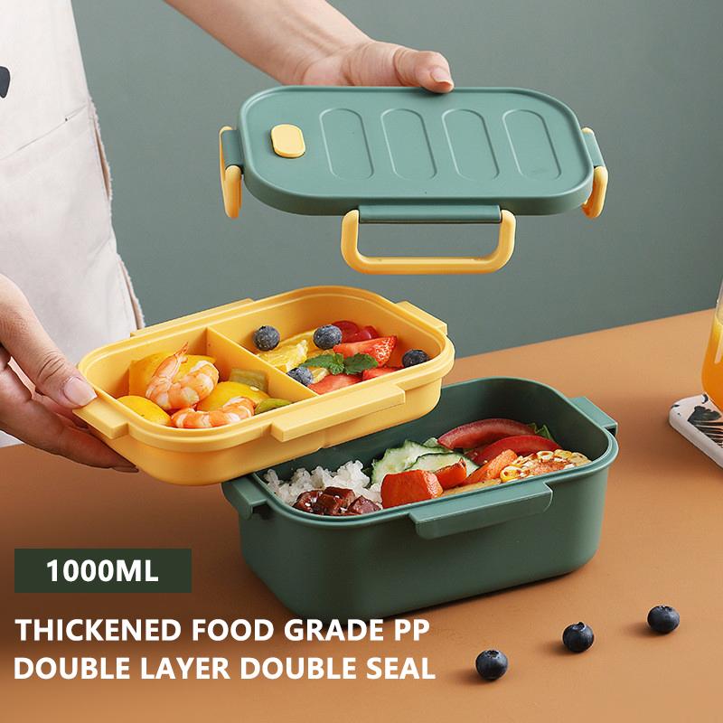 Double-Layer Two-Compartment Lunch Box PP Plastic Buckle Fresh-Keeping Box Portable Lunch Snack Box Microwave Ovens Safe