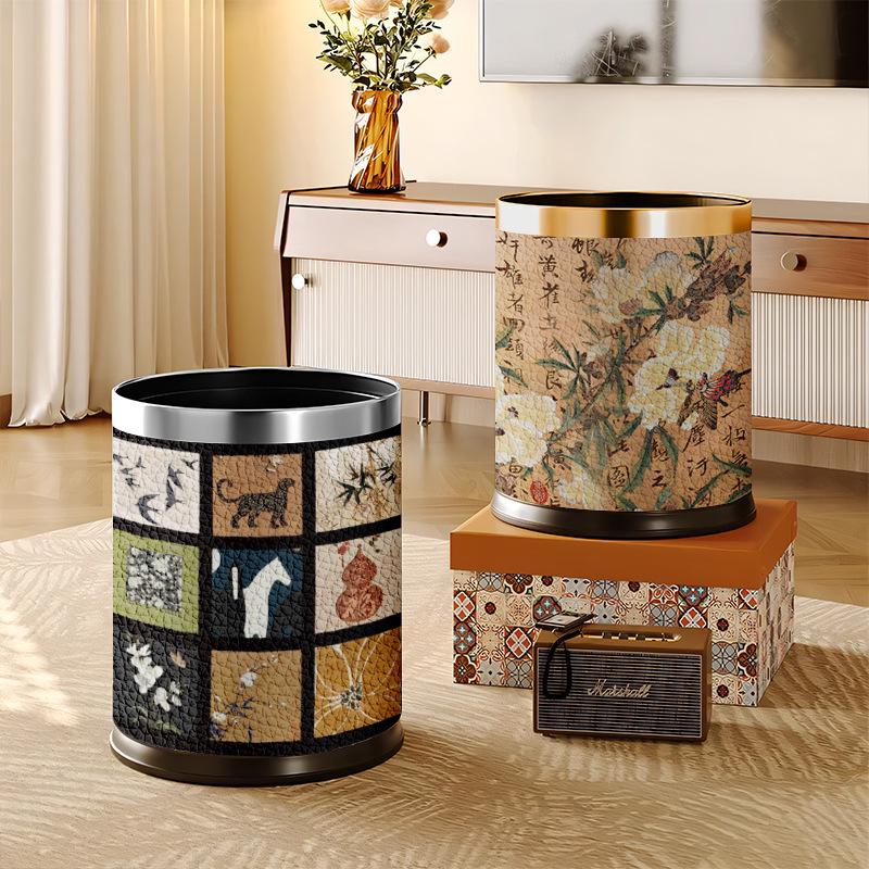 He Mu Cheng French Retro Double-Layer Trash Can - Large Capacity for Living Room, Kitchen, or Bathroom, Light Luxury Chinese Style