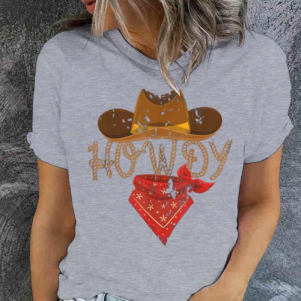 Retro Howdy Cowgirl Print T-shirts For Women Summer Short Sleeve Crew Neck T-shirt Vintage Graphic Tops Tie Dye T-shirts