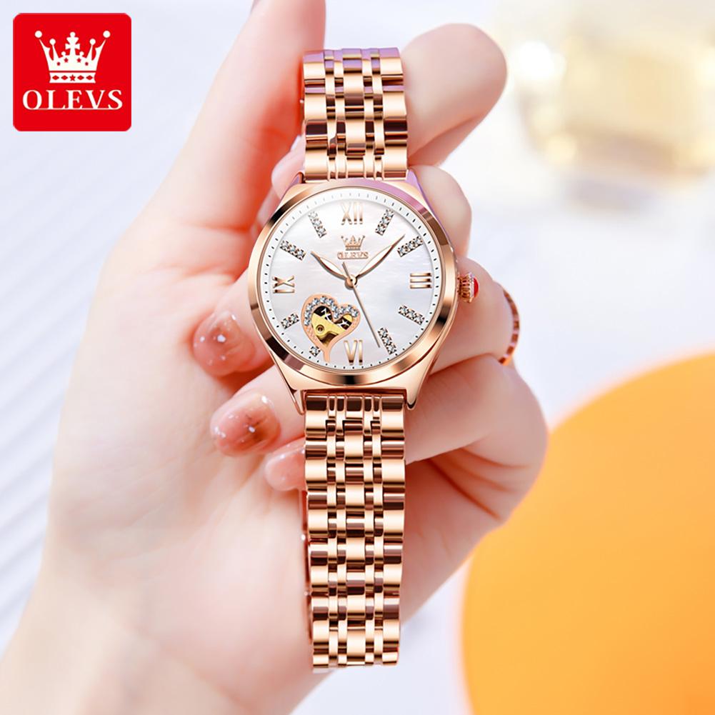 OLEVS Women's Watches Elegant Luxury Rose Gold Original Automatic Mechanical Wristwatch for Lady Hollow Out Lover Movement New
