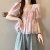 Women Floral Print Square Neck Puff Sleeve Smocked Blouse
