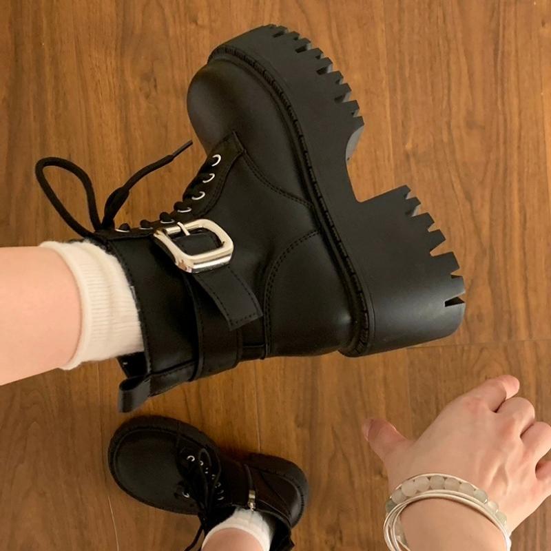 Women's High Heel Ankle Boots Round Head Square Heel Side Zip Women Boots Belt Buckle Four Seasons Leisure Smooth Fashion Shoes