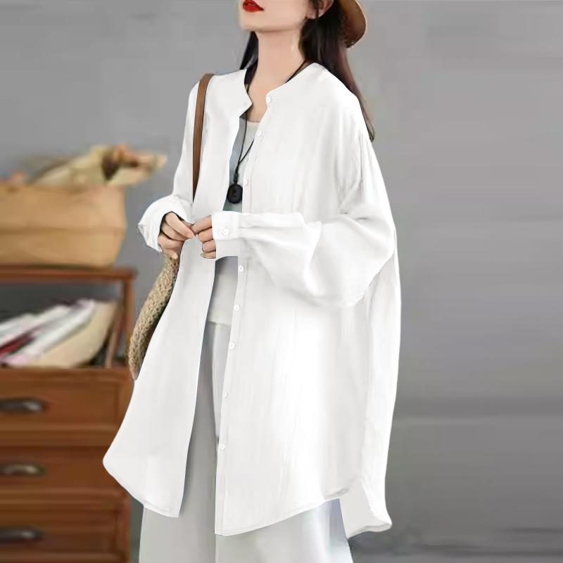 ZANZEA Dame Casual Rund Hals Ensfarget Løs Langermet Bluse