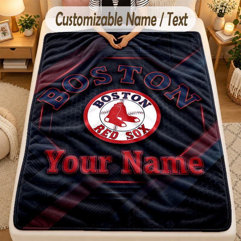 Flannel BlanketBoston Red Sox Custom Name Text Personalized Soft Warm Throw Blanket Home Decor Gift