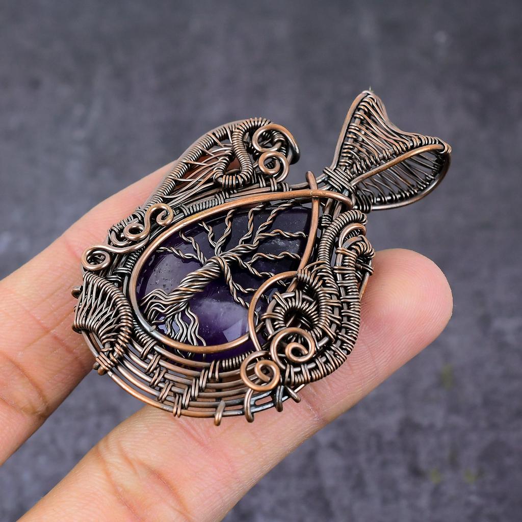 Natural Sage Amethyst Handmade Copper Wire Wrap Tree Of Life Pendant 2.64" z6C14