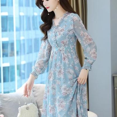 Women's Spring Summer Blue Floral Print V-neck Long Sleeve Midi Dress
