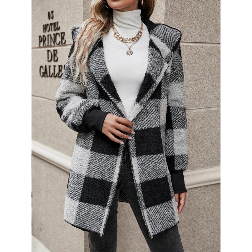 Women's Autumn and Winter Hooded Plaid Warm Top, Mid To Long Plush Cardigan Jacket