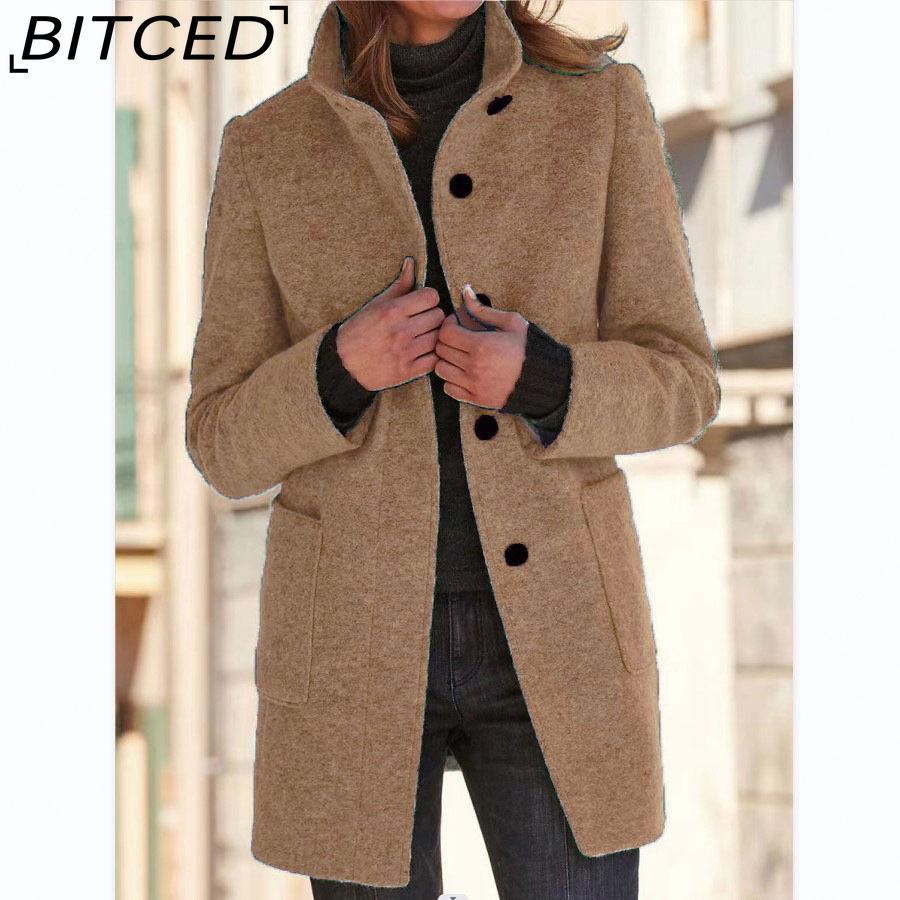 BITCED Autumn/Winter Women's Vintage Solid-Color Button-Up Stand Collar Wool Coat